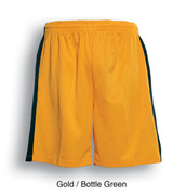 Kids soccer panel shorts in gold with bottle green side panels, featuring a logo.
