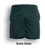 Bottle green sports shorts made from peach skin microfibre, featuring an elastic waistband and side pockets.