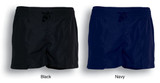 Ladies athletic shorts in black and navy with an elastic waistband and drawstring. Each pair has a logo.