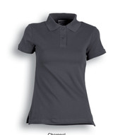 A charcoal grey fitted polo shirt with a collar and short sleeves, featuring three buttons and side slits.