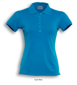 A cyan blue ladies' polo shirt with a classic collar and buttoned placket, featuring short sleeves.