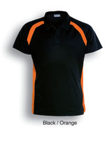 A black polo shirt with orange contrast panels and a logo on the chest area.