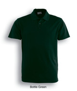A dark green polo shirt featuring a collar and three buttons, with a logo on the chest.
