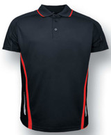 A black polo shirt with red accents, featuring a collar and a logo.