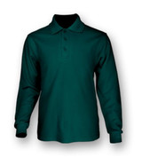A long sleeve polo shirt in a deep green hue with a collar and three buttons. Features a logo on the chest.