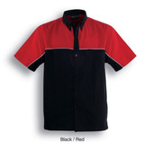 A short-sleeved button-up shirt in black with red accents and a pocket, featuring a logo.