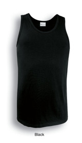 A black men's cotton singlet with a round neck and no sleeves, featuring a label at the top.