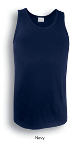 A navy men's cotton singlet with a classic tank top design and a logo on the label.