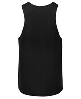 A black poly singlet with a sleeveless design, featuring a smooth fabric and a logo on the back.