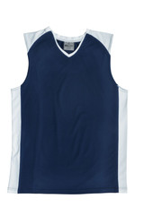A navy and white men's basketball singlet with a V-neck design and short sleeves, featuring a logo.