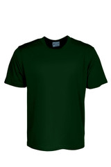 A dark green unisex plain micromesh tee shirt with short sleeves and a logo on the label.