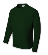 A long sleeve tee shirt in dark green with a round neckline and a logo on the label.