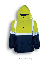 A unisex hi-vis jacket in fluro yellow and navy, featuring reflective tape and a hood. Includes pockets and branding.