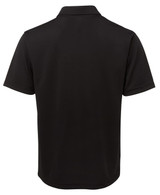 A black polo shirt featuring a classic collar and short sleeves, with a logo on the back.