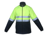 A high-visibility soft shell jacket in bright yellow and navy blue with reflective tape and a logo.