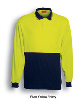 A long-sleeve polo shirt in fluro yellow with navy accents and a pocket, featuring a logo.