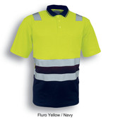 Fluro yellow and navy unisex polo shirt with reflective tape and a pocket, featuring a logo.