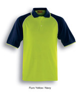 Unisex adults hi-vis polo shirt in fluro yellow and navy with raglan sleeves and a logo.