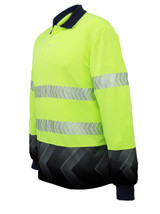 A fluorescent yellow long-sleeve polo featuring reflective stripes and a dark patterned lower section. It has a logo.