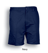 Navy unisex cotton drill work shorts with a button closure and side pockets, featuring a logo.