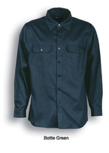 A bottle green unisex long sleeve cotton drill work shirt with two chest pockets and a branded tag.