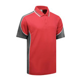 A red polo shirt with grey accents and a contrasting collar, featuring a logo on the chest.