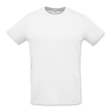 A white unisex T-shirt with a simple design and a logo on the front.
