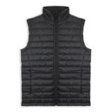 A black puffer vest featuring a zip front and a high collar. The vest has a quilted pattern and includes branding.