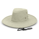A wide-brimmed hat in light beige, featuring ventilation holes and an adjustable chin strap. It has a logo.