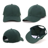 A green cap featuring a solid design and a back strap for adjustment. It has a logo on the side.