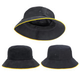A black bucket hat with a yellow trim, featuring a logo and a wide brim.