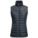 A padded women's vest in dark grey with a high collar and zip front, featuring a quilted design and no sleeves.