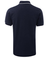 A navy polo shirt with white trim, featuring a collar and short sleeves. Includes a logo on the garment.