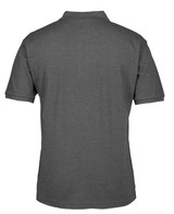 A grey polo shirt featuring a classic design and short sleeves, with a branded logo on the side.
