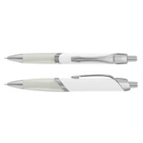 Two plastic pens, one in white with a green grip and the other with a similar design, featuring silver accents.