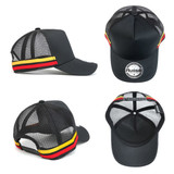 A black trucker cap featuring a mesh back and striped red and yellow detailing, with a logo on the front.