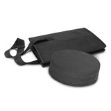 A black Igloo Cooler Seat with a round cushion and a flat carrying pouch, featuring a shoulder strap.