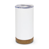 A drink bottle with a white body and a cork base, featuring a transparent lid and a logo.