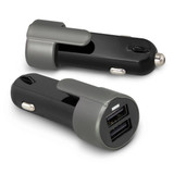 A USB car charger featuring a black and grey design with two USB ports and a built-in safety light.