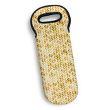 A drink bottle cooler bag featuring a woven pattern in shades of yellow and natural tones, with a handle for easy carrying.