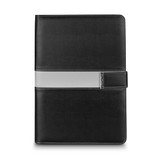 A black portfolio with a contrast grey band and a logo, designed for professional use.