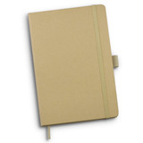 A kraft notebook with a rubber band closure, featuring a beige cover and a bookmark ribbon.