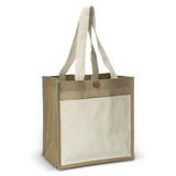 A jute tote bag in natural brown, featuring a plain cream panel and sturdy handles. It has a button closure.