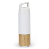 A drink bottle with a white upper section and a bamboo lower section. It features a handle and a logo.