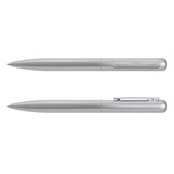 A silver metal pen with a smooth, sleek design and a clip. Features both cap and retractable mechanisms.