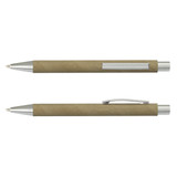 A brown kraft pen with a silver clip and detailing, featuring a sleek design and a branded area.