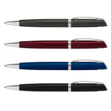 A collection of four metal pens in green, burgundy, blue, and black with silver accents and a logo.