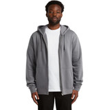 A grey zip-up hooded jumper featuring a front pocket and a logo. Model wears a white t-shirt underneath.