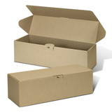 A brown die cut box with a locking lid, featuring an open and closed position. It has a simple design and a brand logo.
