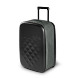 A small wheeled suitcase featuring a green fabric exterior and a black hard shell, with a retractable handle.